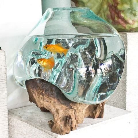 Hand Blown Glass and Wood Fish Bowl Aquariums - inthegardenandmore.com