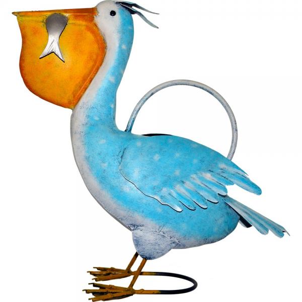 Our Pelican Artisan Crafted Metal Watering Can is a functional work of art that is fun and suitable for outdoor and indoor use. This nautically inspired guy has been crafted by skilled artisans from recycled metal, then hand painted and powder coated to keep him lovely for many years of watering fun. . Holds 5 cups of water.  Size is 14.00 (D) x 5.00 (W) x 14.00 (H) inches.