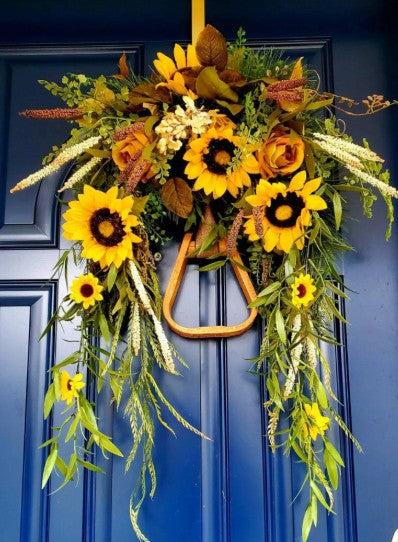 Decorative equestrian wreath with sunflowers wreath with Western Stirrup - inthegardenandmore.com