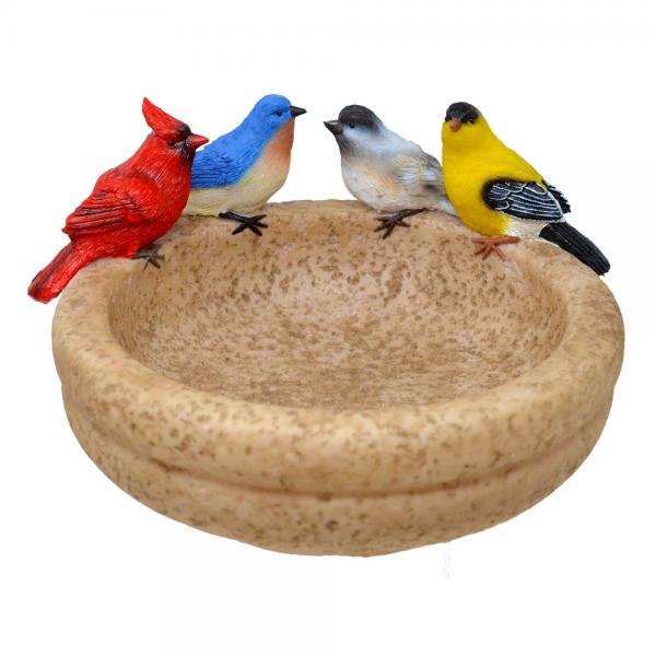 Our Backyard Birds 2 in 1 Functional Birdbath and Feeder will provide you with a convenient and affordable way to take care of your backyard birds while brightening up your outdoor spaces with pops of color, while giving you options to use as a birdbath or bird feeder. It features a cardinal, bluebird, chickadee and a gold finch. Size is 10.24” (D) x 9.65” (W) x 5.51” (H).