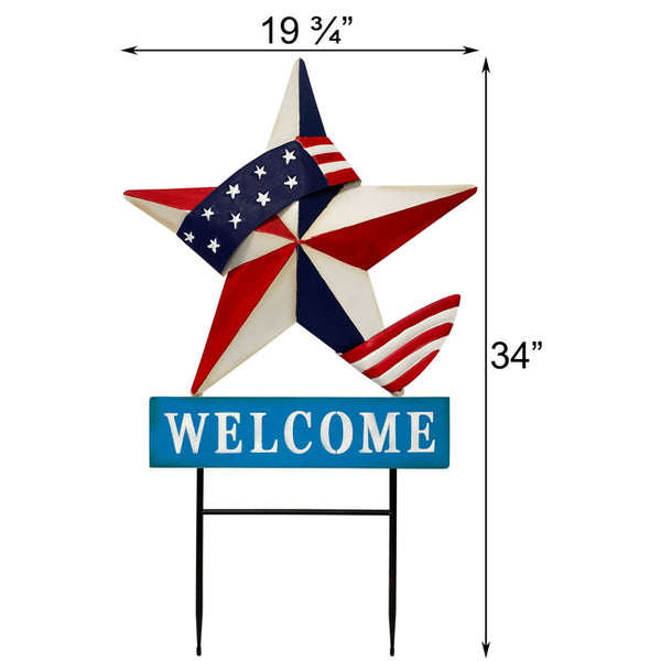 Our Barn Star Americana Welcome Metal  Yard Art  Garden Stake will transform a corner of your lawn into an inviting patriotic showplace and love for Old Glory. This yard art stake will combine your love for outdoor décor to show off your patriotic side. This all metal garden accent will add familiar American flag colors while remaining hardy for many seasons. Size is: 19.75"W x 2.5"D x 34"H.
