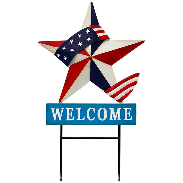 Our Barn Star Americana Welcome Metal  Yard Art  Garden Stake will transform a corner of your lawn into an inviting patriotic showplace and love for Old Glory. This yard art stake will combine your love for outdoor décor to show off your patriotic side. This all metal garden accent will add familiar American flag colors while remaining hardy for many seasons. Size is: 19.75"W x 2.5"D x 34"H.
