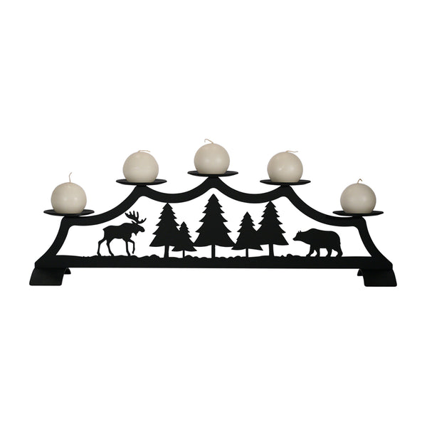  Our Bear and Moose Rustic Fireplace Candle Holder will add a touch of woodsy wonder to your home. It has been designed for decorating a fireplace when not in use. It is equally beautiful on a table of any size. Just add our candle holder into a clean fireplace. It is a safe way to light up your home with style and ambience. The black wrought iron features cutouts of a bear and a moose with picturesque pine trees. Size is: 28" wide X 8-1/2" high X 8" deep.