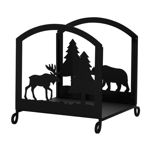 Our Bear and Moose Wrought Iron Wood Storage Rack has been handcrafted here in the USA and rack will add a bit of rustic charm to your home, cabin or even covered porch. Made from black wrought iron, our artisans have captured the images of cutouts designs of a bear and pine trees on one side and moose and pine trees on the other side.