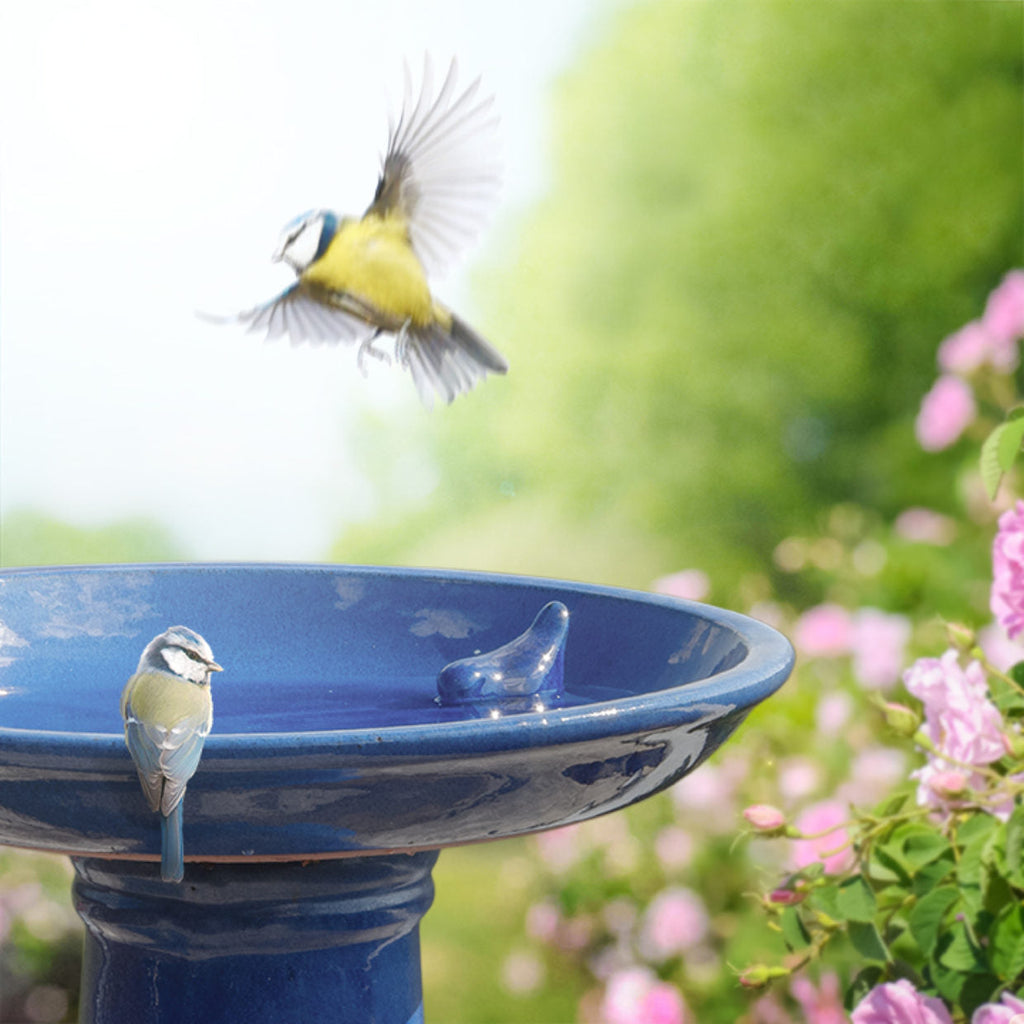 Our Cobalt Blue High Gloss Ceramic Birdbath Set will add luster and shine to your garden and provide birds fresh water to helps them thrive for both drinking and preening. This locking top system will ensure that your top will not get knocked off the flared bottom sturdy base. Inside of the bowl is an adorable ceramic bird figure, which will add a bit of whimsy and allow birds to sit on top while looking for a safe place to drink and bathe.
