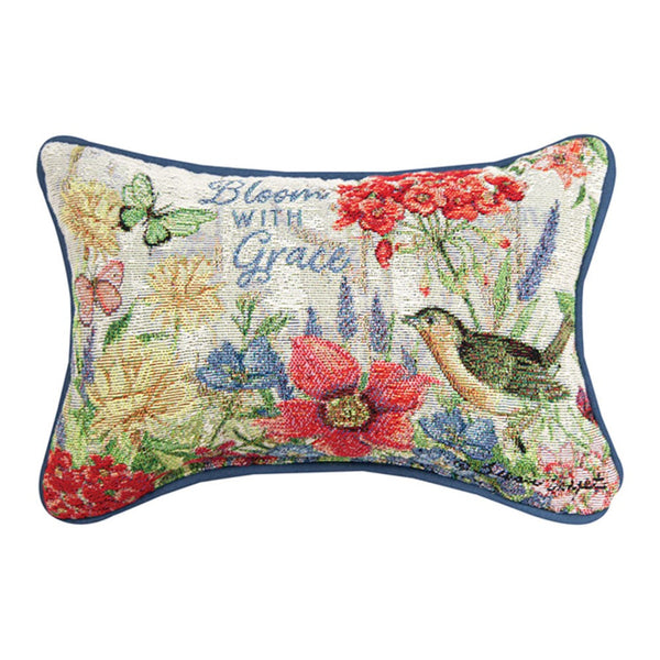  Our Bloom With Grace Flowers and Birds Indoor Accent Pillows come as a set of two. These, quality, USA made 12" x 8.5" pillows feature a very colorful array of flowers, butterflies and one lone bird, durable stitching and vivid colors to add style and function to your home.