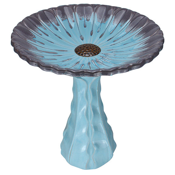 Our Blooming Aqua Blue Ceramic Glazed Birdbath will add color and style to your garden. This handcrafted ceramic pedestal style bird bath has been skillfully crafted and hand processed, then fired in kilns to create a beautiful blooming flower top and detailed base that is simply elegant. Size is 18″ in diameter x 21.5″ tall. 