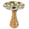 Our Blooming Beige Kaleidoscope Ceramic Glazed Birdbath will add color and style to your garden. This handcrafted ceramic pedestal style bird bath has been skillfully crafted and hand processed, then fired in kilns to create a beautiful blooming flower top and detailed base that is simply elegant. Size is 18″ in diameter x 21.5″ tall. 