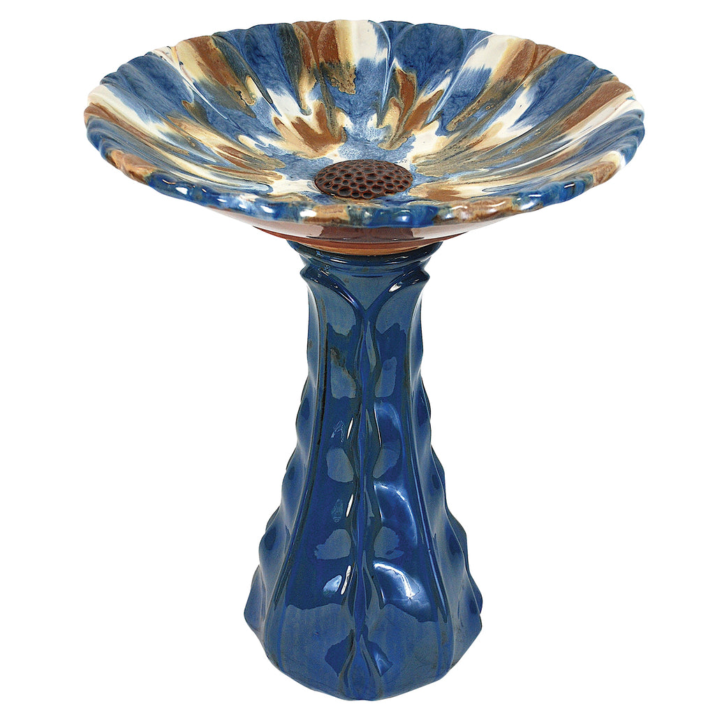 Our Blooming Blue Kaleidoscope Ceramic Glazed Birdbath will add color and style to your garden. This handcrafted ceramic pedestal style bird bath has been skillfully crafted and hand processed, then fired in kilns to create a beautiful blooming flower top and detailed base that is simply elegant. Size is 18″ in diameter x 21.5″ tall. 