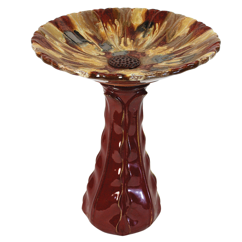 Our Blooming Maroon Kaleidoscope Ceramic Glazed Birdbath will add color and style to your garden. This handcrafted ceramic pedestal style bird bath has been skillfully crafted and hand processed, then fired in kilns to create a beautiful blooming flower top and detailed base that is simply elegant. Size is 18″ in diameter x 21.5″ tall. 