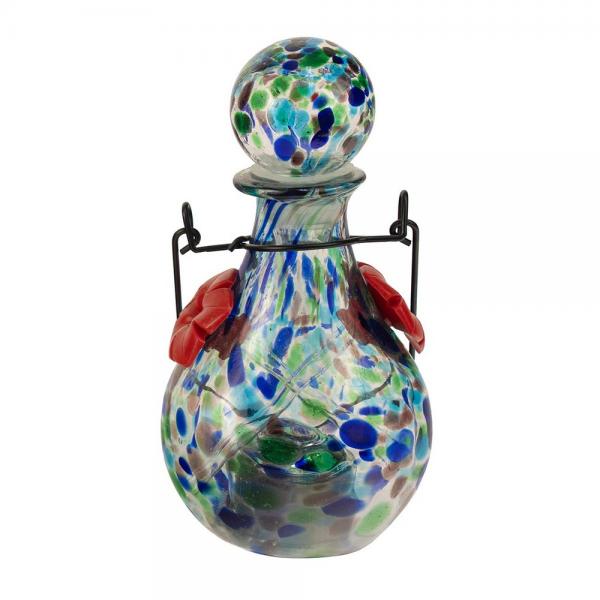 Blue Handblown Glass Solar LED Luminating Hummingbird Feeder vase style glass hummingbird feeder is beautiful by day, and exquisite by night. It has been skillfully handcrafted from blown glass and will certainly add color, light and decoration to your garden. Size is 4.25" x 4.25" x 8.25."
