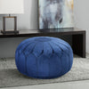 Our Blue Oversized Round Ottoman Pouf is 29.5"W x 29.5"D x 18"H and awaits a special place in your home. It also comes in additional colors: grey, brown, orange, and seafoam.