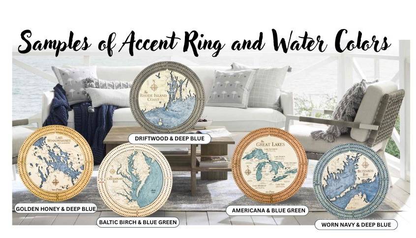 Samples of Accent Ring and Water Colors available for our Cribbage Boards  - inthegardenandmore.com