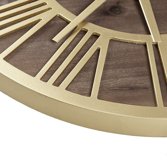Shown side of clock. Our large Brown Stained Wood and Gold Metal Wall Clock will bring timeless sophistication to any space, while adding a bit of rustic charm. Featuring large Roman numeral numbers, quartz movement, and a hanger hook on the back, it’s a breeze to hang this 23.6" diameter clock.