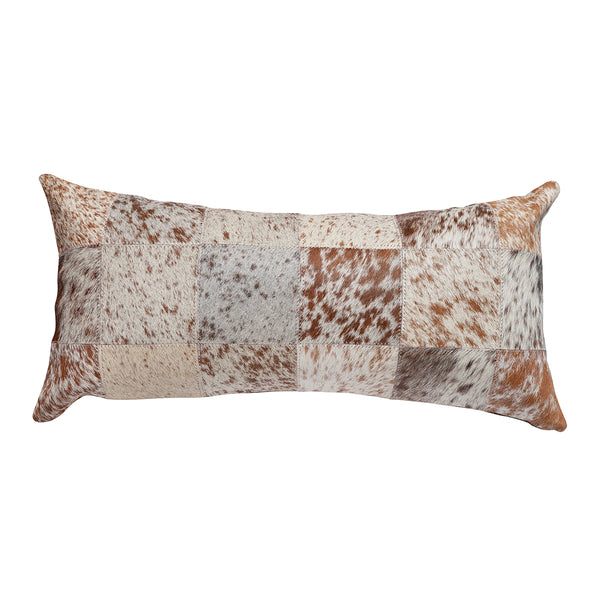 Brown and White Cloudy Cowhide Patchwork Lumbar Pillow is 20” long x 12” tall and features an assortment of black and white cloudy cowhide colors … all patchworked together to make a decorative pillow.