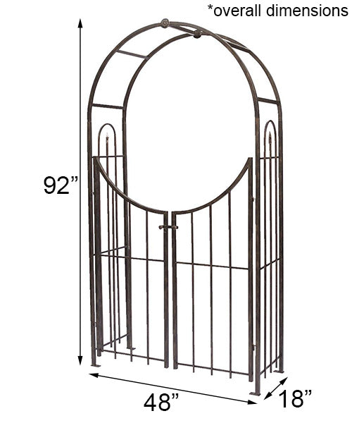 Our Brushed Bronze Metal Arch Topped Garden Arbor with Gate will add a dramatic entrance to your garden or walkway. The steel construction and powder coated finish gives the arbor a distinguished look and longevity that you will enjoy year after year. It is 92"H x 48"W x 18"D in size. 