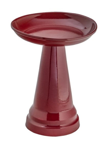 Our Burgundy  High Glass Glazed Clay Birdbath will bring life and beauty to your garden!! Handcrafted in the USA, this eye-catching pedestal-style birdbath stands 22" tall and features a 17” diameter bowl and 2.25” depth. Its locking top safely keeps wildlife, wind, and prancing pooches from accidentally toppling it!
