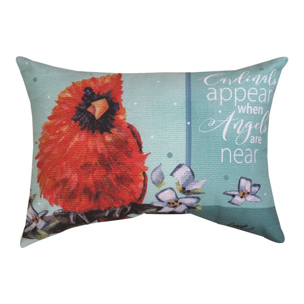 Our Cardinals Appear When Angels Are Near Reversible Indoor Outdoor Throw Pillow is 18”x13” and proudly made in the USA. This reversible pillow has been created with our soft weather-resistant fabric and is equally great for indoor or outdoor use.  The front side of the pillow features a large fluffy red cardinal, flowers and vivid blue tone colors and polka dots here and there, along with the message, Cardinals Appear When Angels Are Near. 