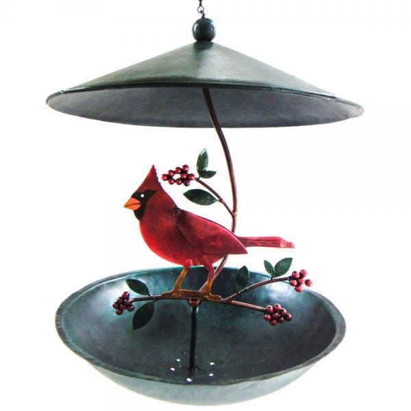 Our Cardinal Handcrafted Metal Hanging Bird Feeder features a colorful cardinal sitting on a branch with lots of red berries. This guy is ready for his treat for the day. This handcrafted hanging bird feeder has been crafted of metal and hand painted with beautiful detail and then powder coated to last and be beautiful in your garden for years to come. Size is 9.50” (D) x 9.50” (W) x 13.00” (H) inches.