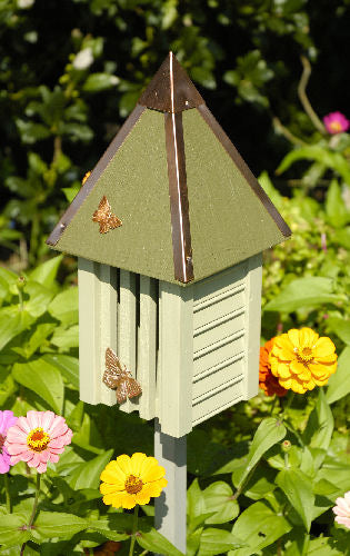 Our Celery Green Flutterbye Butterfly House and Garden Stake features two-tone colored garden decor butterfly houses uniquely styled for you and your butterflies. Made in the USA of select cypress siding, solid copper hipped roof with authentic corner boards, slotted front for the butterflies to enter and finished with copper butterfly adornments to add additional decorative detail.