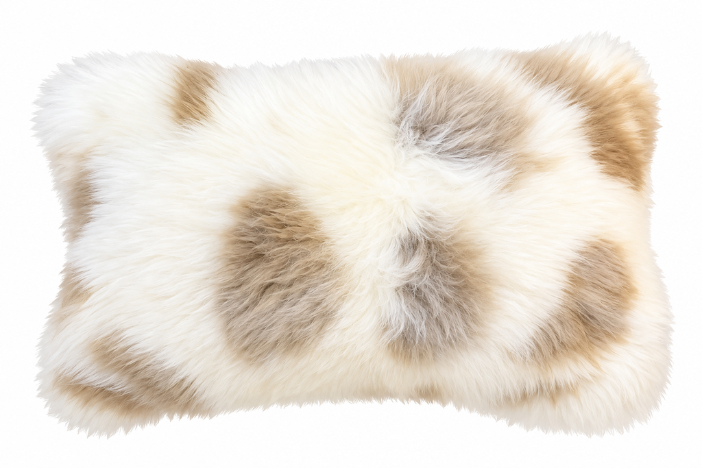 Our champagne spotted colored New sheepskin  Zealand pillow is soft and and cozy for any room in  your home. 