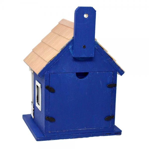 Back view of our Coastal Charm Nautical Cottage Birdhouse. Shows easy to clean out back door removal. 