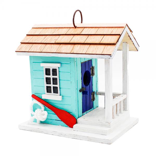 Our Coastal Charm Hanging Boat Shack Birdhouse is nautical in style and it will add color and function to your garden and your birds will love it too! The colors of teal, navy, white and red, long with it wooden shingled roof makes this a perfect guest house for your birds and your coastal inspired home. Be sure to place this charming house where it can be seen by all.  Overall size is 5.91” (D) x 6.69” (W) x 9.84” (H) inches.