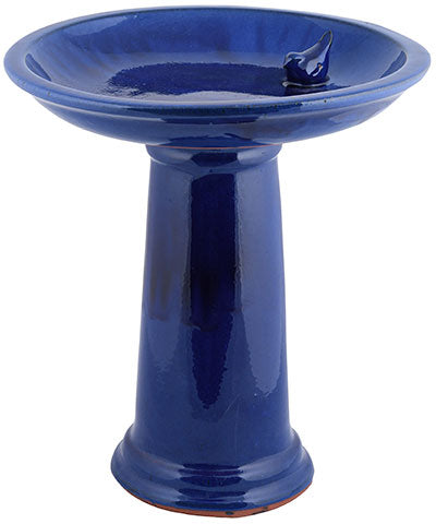 Our Cobalt Blue High Gloss Ceramic Birdbath Set will add luster and shine to your garden and provide birds fresh water to helps them thrive for both drinking and preening. This locking top system will ensure that your top will not get knocked off the flared bottom sturdy base. Inside of the bowl is an adorable ceramic bird figure, which will add a bit of whimsy and allow birds to sit on top while looking for a safe place to drink and bathe