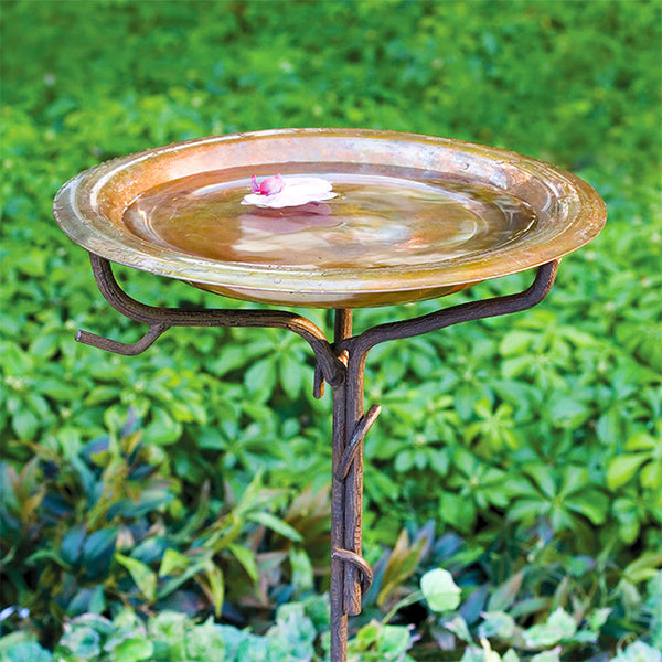 Our Copper Birdbath with Metal Tree Branch Stake features a solid copper birdbath bowl, with tree branch stake will add an elegance to your garden and give bird a hint that a new birdbath is in town. The lovely brown hues of the textured metal stake perfectly complement the bold sheen of the copper birdbath bowl. The 11.25" diameter, copper bowl offers water for many of your feathered friends, and its 1.5" depth allows small birds to bathe easily. Stand is 35.75"H.