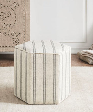 Our Country Farmhouse Pinstripe Footstool Ottoman is a beautiful hexagonal footstool ottoman, in a neutral printed stripe upholstery, certainly embodies country farmhouse living, plus blends in well with many other styles to complete your living room decor or bedroom décor with style and beauty. It is 18” x 18” x 16” tall with 3/5” seat cushion, and great for seating or for kicking up your feet as a footstool for a comfort and relaxing.