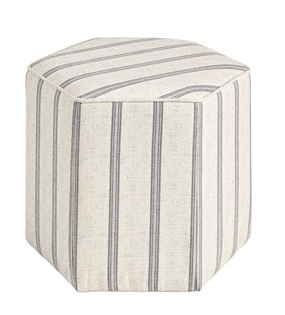 Our Country Farmhouse Pinstripe Footstool Ottoman is a beautiful hexagonal footstool ottoman, in a neutral printed stripe upholstery, certainly embodies country farmhouse living, plus blends in well with many other styles to complete your living room decor or bedroom décor with style and beauty. It is 18” x 18” x 16” tall with 3/5” seat cushion, and great for seating or for kicking up your feet as a footstool for a comfort and relaxing.