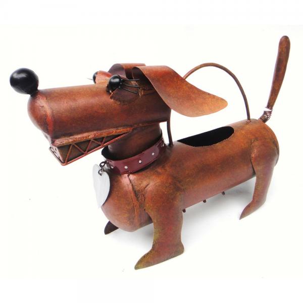Our Dachshund Dog Artisan Crafted Metal Watering Can is a functional work of art that is fun and suitable for outdoor and indoor use. This special dog has been crafted by skilled artisans from recycled metal, then hand painted and powder coated to keep him lovely for many years of watering fun Holds 10 cups of water.  Size is 17.25 (D) x 8.00 (W) x 11.00 (H) inches. 