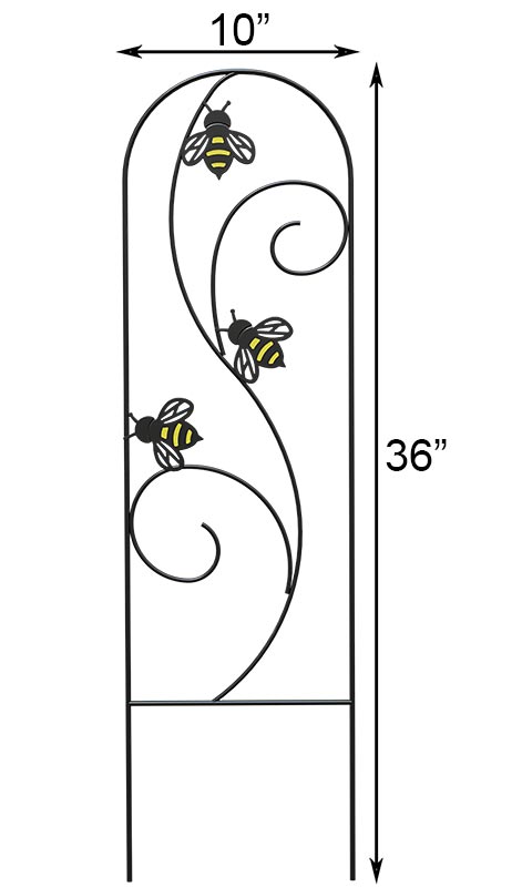 Our Decorative Metal Bee Garden Potted Plant Trellis is made of metal and features adorable, recognizable bee figures which adorn the interior of this arched trellis, adding both color, and a bit of whimsy and fun to your potted plant. Yellow stripes on each black, metal figure not only provide definition; this also showcases your love of these pollinators. It is : 10"W x 36"H