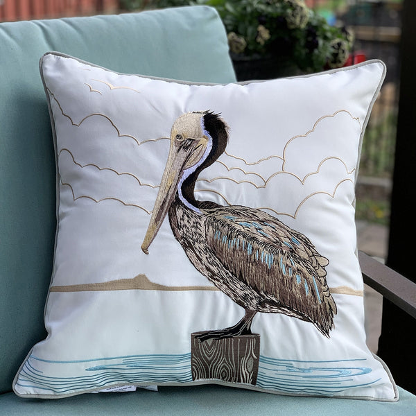 Our Dockside Pelican Embroidered Indoor Outdoor Pillow is 20” square and features a very poised pelican, exquisitely embroidered in brown tones with amazing highlights and detailing, and just waiting to be showcased at a new home. The 100% Polypropylene, Olefin performance fabric used to create our pillows is sun fade-resistant and outdoor tough.