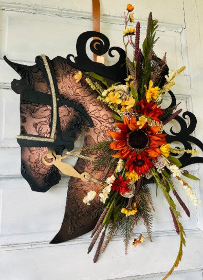 Our draft Horse Head Wreath in Autumn Splendor - hand crafted in the USA    inthegardenandmore.com 