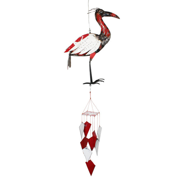 Our Repurposed Metal Egret Wind Chime is handcrafted from reclaimed and repurposed steel oil drums. Each handcrafted oil drum chime is truly a work of art, allowing each one to be slightly different from the other… unique one of a kind creations.