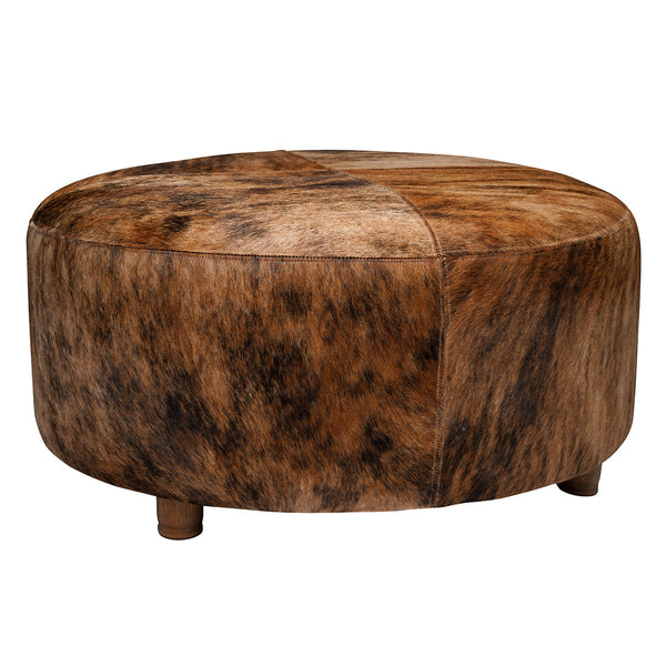 Our Exotic Brindle Mid Century Cowhide Ottoman is 39” round x 17.5” tall and makes for a comfy piece for putting up your feet, serving food in trays to guests or just sitting and enjoying how comfortable it is. The wooden legs, in a mid century style, add to style and function of this beautiful piece of furniture.