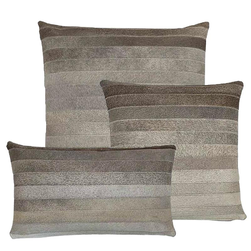 Our of three, 18” and 22" square and 22"x18" lumbar Gradient Grey Cowhide Reversible Throw Pillows With Down Filled Insert are beautiful accent pillows for any room in your home.