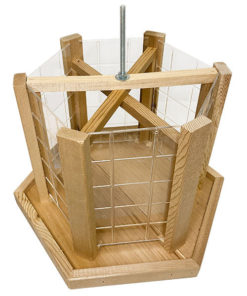 Shown inside or feeder. Our Grande Gazebo Cedar Large Capacity Bird Feeder Set is a stand alone, large capacity, hopper style, bird feeder. This feeder comes complete with gazebo bird feeder, made here in the USA, an in-ground mounting pole, seed scoop, to easily add seed to the feeder, mounting bracket, and squirrel baffle, and… it holds an astonishing 11.5 quarts of seed. The feeder size is 15.5"L x 17.5"W x 17.5"H.