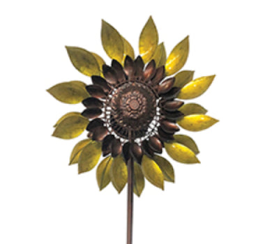 Our Greek Helios Sun Flower Kinetic Wind Spinner features beautiful yellow blades with brown center that spin and twirl and create a motion of beauty.  This unique wind spinner for your garden enjoyment features two heavy metal bi-directional rotor blades (front and back) that independently rotate, enabling them to catch a breeze and begin the mesmerizing display of motion. Overall size is 84" Tall x 24" Wide.