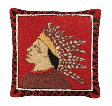 Handcrafted 18” Hooked Wool Pillow – Indian Scout Folk Art Décor - inthegardenandmore.com