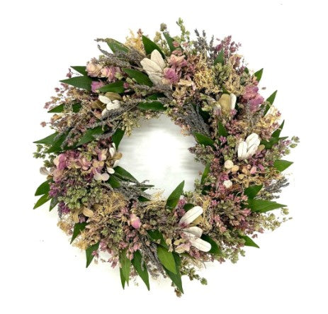 Our all natural and handcrafted Lacy Moss, Lavender and Oregano Handcrafted Wreath is 18” in diameter and features a twig base with a combination of dried and preserved Santa Cruz Oregano, lavender, Kent Beauty oregano, integrafolia, bay, and lacy moss. Each wreath is handmade to perfection, with flowers and herbs grown and preserved here in the USA. This custom made to order wreath ships in 2-3 days.