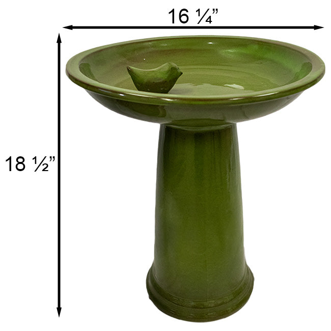Our Mossy Green High Gloss Ceramic Birdbath Set will add luster and shine to your garden and provide birds fresh water to helps them thrive for both drinking and preening. This locking top system will ensure that your top will not get knocked off the flared bottom sturdy base. Inside of the bowl is an adorable ceramic bird figure, which will add a bit of whimsy and allow birds to sit on top while looking for a safe place to drink and bathe.
