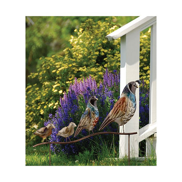 Our Quail Family Metallic Metal Yard Art Garden Stake is a dual function piece. It can be used as a garden stake or as a wall décor accent. It can be used indoors or outdoors and has been painted with nanometer paint with a powder coated metallic finish to resist fading and rust. Overall size including stake is 18.25"x.75"x15.5".