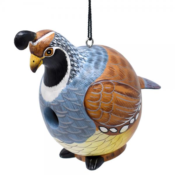 Our Quail Hand Carved Wood Birdhouse has been hand carved into a fully functional bird house and then exquisitely hand painted by skillful artisans who have both an eye for detail and creativity.  Wherever you hang this bird house, it will certainly add fun and function to your garden and your birds will love their new home. Size is 8.00” (D) x 5.51” (W) x 8.66” (H).