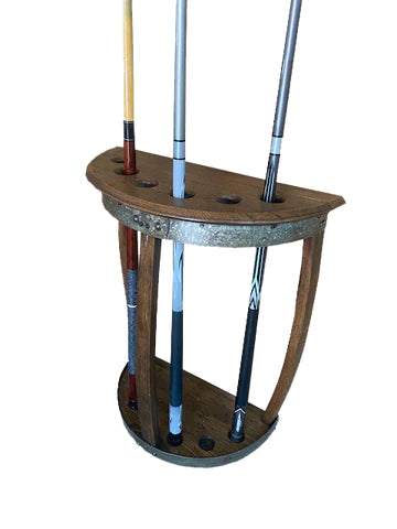 Our Reclaimed Half Round Wine Barrel Head Hanging Pool Cue Rack is custom made to order here in the USA and is 27” tall x 22” wide x 10” deep. Not only will it give you a beautiful and decorative wall hanging for your game room or other space in your home that you want to show off the unique pool cue rack.  The rack is capable of securely holding up to 6 cue sticksIt is available in 4 color stain choices, caramel, pine, weathered or noir.