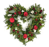 Our Red Roses and Celosia Heart Shaped Indoor/Outdoor Wreath is 16” in size features the greenery of boxwood and eucalyptus and lovingly complimented with celosia, globes and exquisitely made wooden red roses and just a touch of white statice. This exquisite wreath and all the natural ingredients have been grown and harvested here in the USA. This wreath can be used indoors or outdoors, in a protected area for months of beauty.