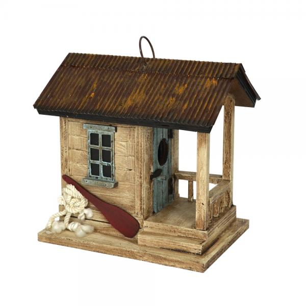 Our Rustic Charm Hanging Boat Shack Birdhouse is stylish and functional and it will add color and character to your garden and your birds will love it too! The rustic colors with its tin roof makes this a perfect guest house for your birds and your lake house or any style home Be sure to place this charming house where it can be seen by all.  Overall size is 5.91” (D) x 6.69” (W) x 9.84” (H) inches.