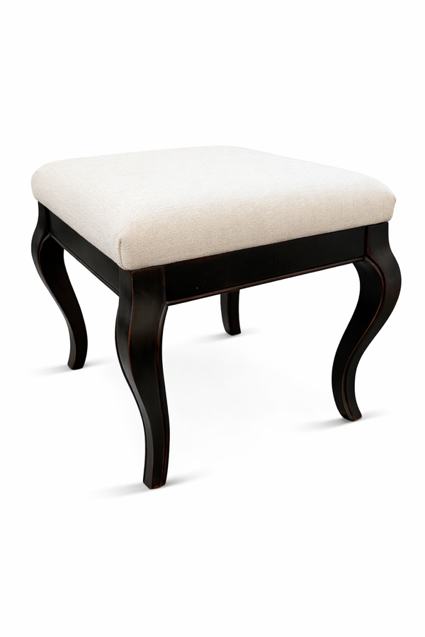 Sand Linen Upholstered Fabric Stool with Decorative Wood Legs in Black color 