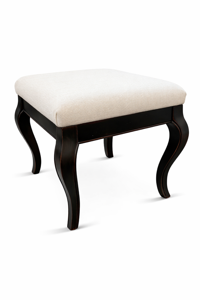Sand Linen Upholstered Fabric Stool with Decorative Wood Legs in Black color 